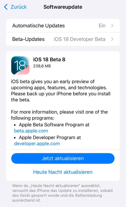 内黄苹果手机维修分享苹果 iOS / iPadOS 18 开发者预览版 Beta 8 发布 